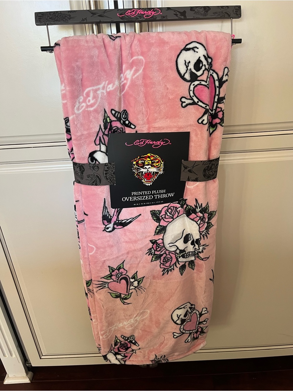 Ed Hardy Pink Skull & Rose Plush Oversized Throw Blanket